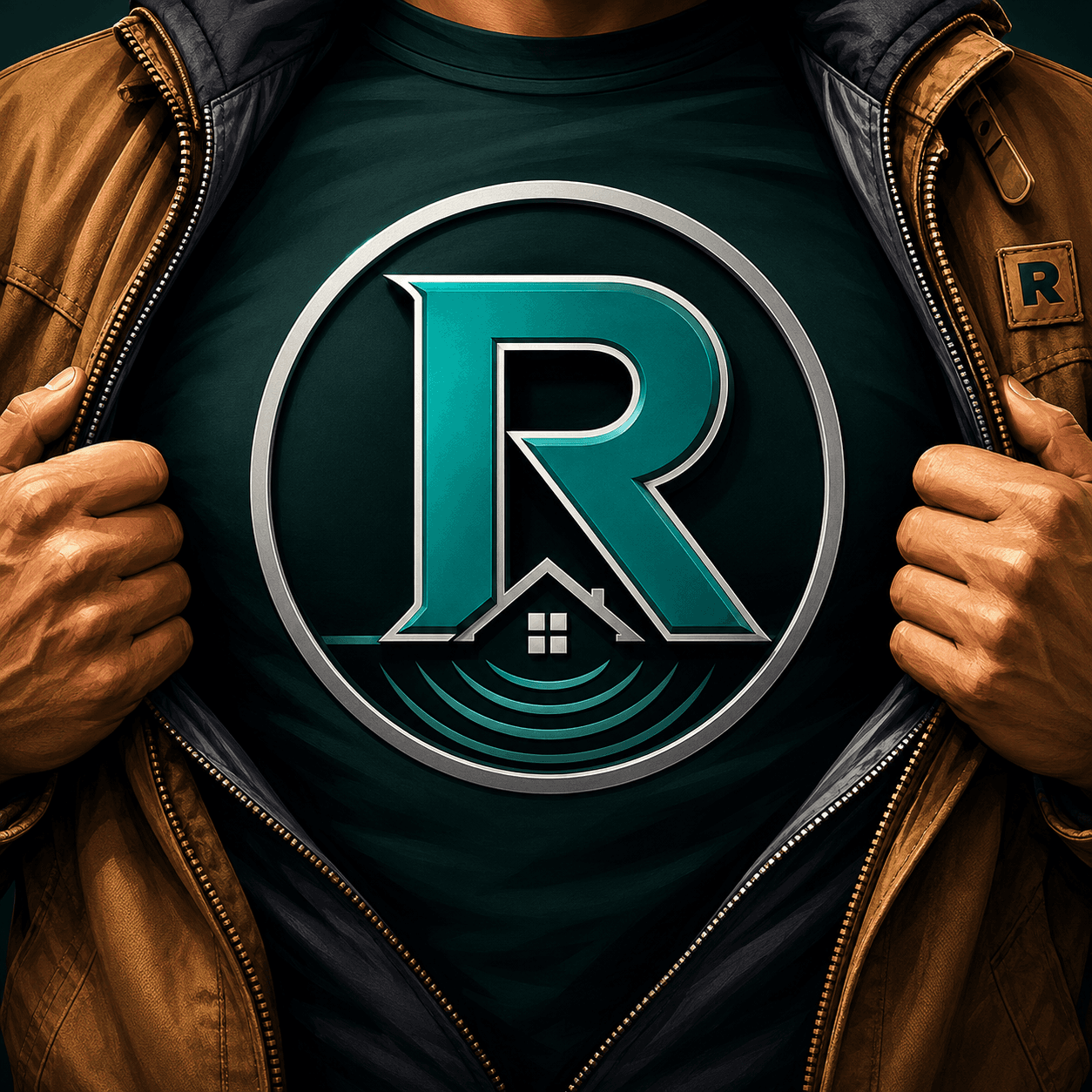 Radon Cost Guide R emblem with a home and radon waves on a teal shirt beneath an open work jacket
